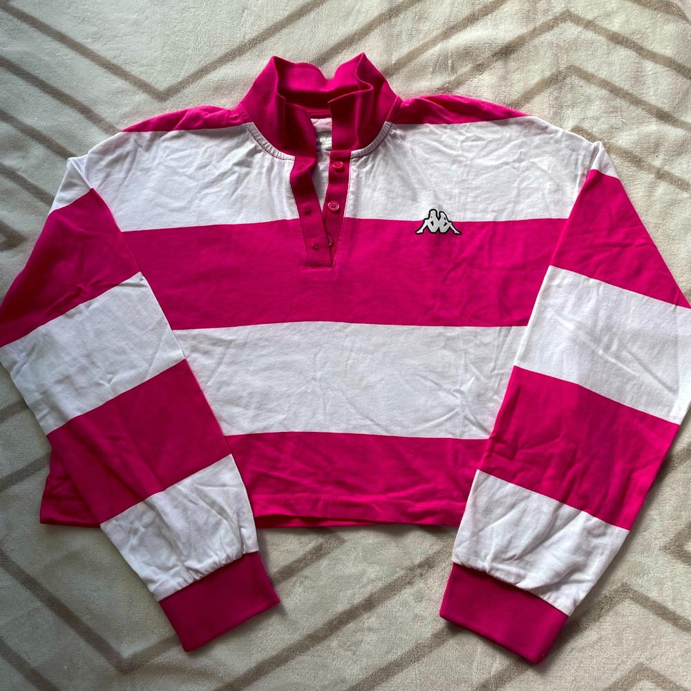 EUC, Kappa Women’s White & Pink Striped, Button Collar Cropped Top Size M